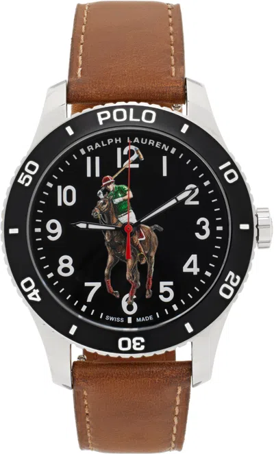 Polo Ralph Lauren Silver & Brown Polo Player Watch In Black Dial/stainless