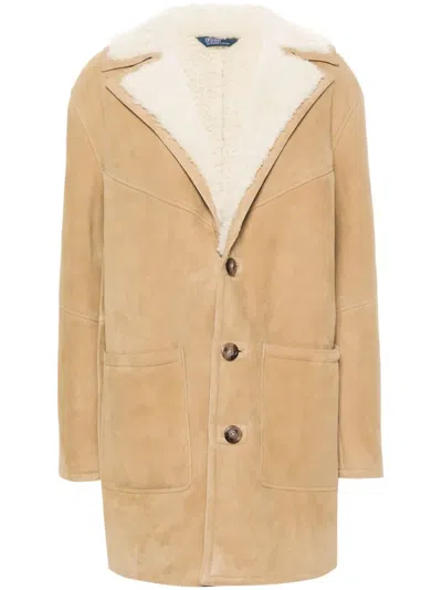 Polo Ralph Lauren Single-breasted Reversible Shearling Coat In Neutrals
