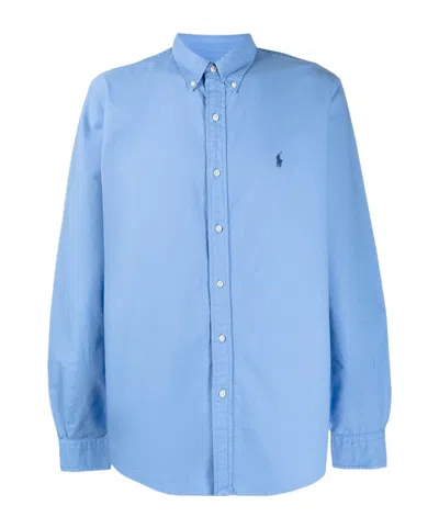 Polo Ralph Lauren Box-pleat Blue Stretch-cotton Poplin Shirt With Embroidered Logo