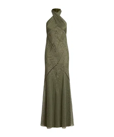Polo Ralph Lauren Sleeveless Beaded Halterneck Dress In Green