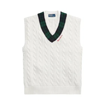 Pre-owned Polo Ralph Lauren Sleeveless Cotton Cable Stitch V-neck Cricket Sweater Vest 'cream Combo' | Men's S In White