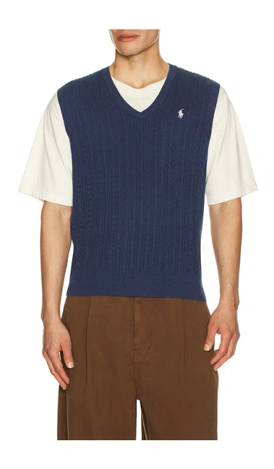 Polo Ralph Lauren Sleeveless Featherweight Cable Knit V-neck Sweater Vest In Blue