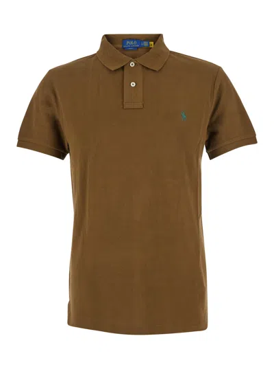 Polo Ralph Lauren Slim Fit Brown Polo Shirt With Classic Collar And Pony Embroidery On The Front In Cotton Man In Multi