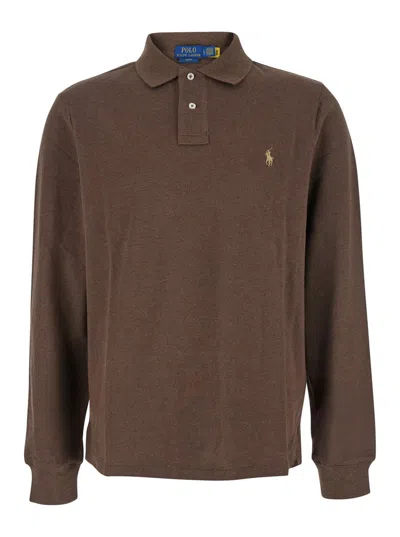Polo Ralph Lauren "slim Fit" Brown Polo Shirt With Long Sleeves And Pony Embroidery On The Front In Cotton Man