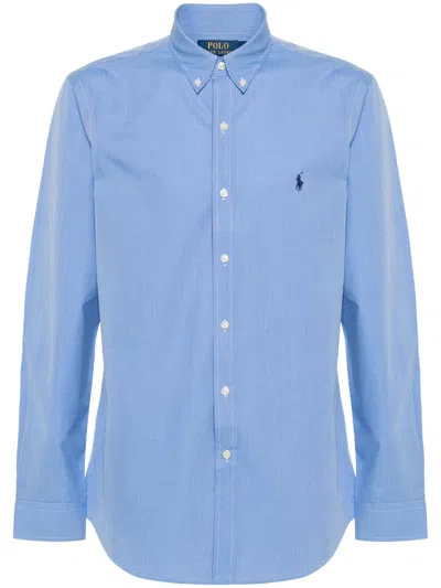 Polo Ralph Lauren Box-pleat Blue Stretch-cotton Poplin Shirt With Embroidered Logo