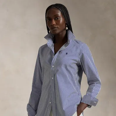 Polo Ralph Lauren Slim Fit Striped Cotton Shirt In White/ Fall Royal In White/fall Royal