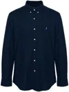 Polo Ralph Lauren Navy Blue Stretch-cotton Button-down Shirt With Signature Motif In Blue