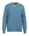 Polo Ralph Lauren Slim Fit Washable Wool V-neck Sweater Man Sweater Azure Size Xxl Merino Wool In Blue