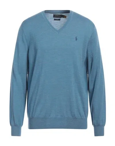 Polo Ralph Lauren Slim Fit Washable Wool V-neck Sweater Man Sweater Azure Size Xxl Merino Wool In Blue