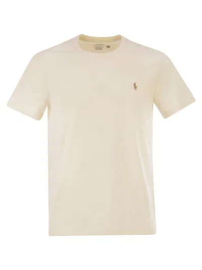 Polo Ralph Lauren Slim Fit Cotton T-shirt With Embroidered Logo And Crew Neck In Neutral