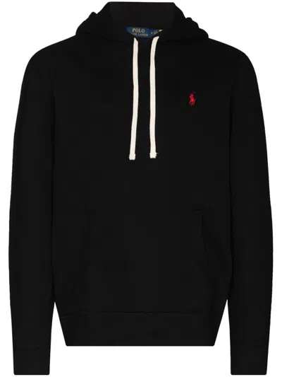 Polo Ralph Lauren Slouchy Black Cotton Blend Hoodie With Embroidered Logo In Blue