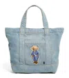 Polo Ralph Lauren Small Denim Polo Bear Tote Bag In Blue