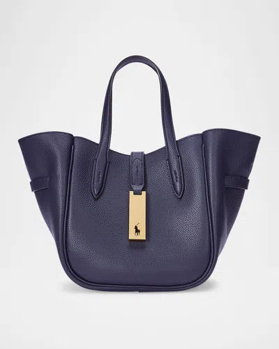 Polo Ralph Lauren Small Grain Leather Tote Bag In Marine Navy