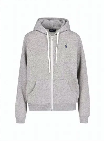 POLO RALPH LAUREN SOFT HEATHER GREY ZIP-UP HOODIE WITH EMBROIDERED LOGO