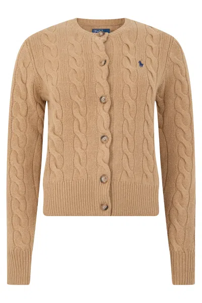 Polo Ralph Lauren Soft Wool-cashmere Cardigan With Braided Detail In Brown