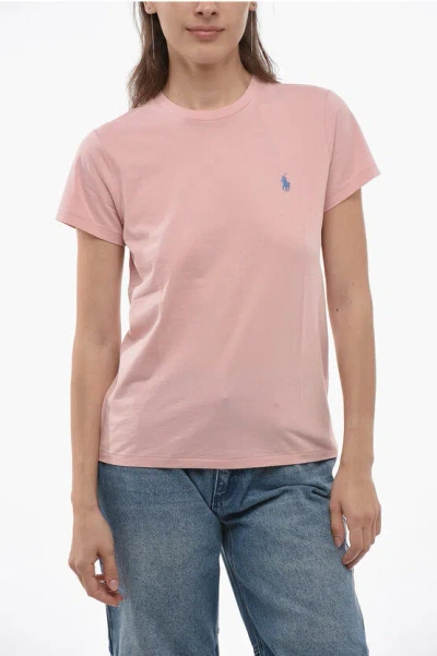 Polo Ralph Lauren Solid Color Crew-neck T-shirt With Embroidered Logo In Pink