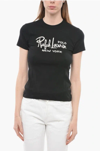 Polo Ralph Lauren Solid Colour Crew-neck T-shirt With Printed Logo In Black