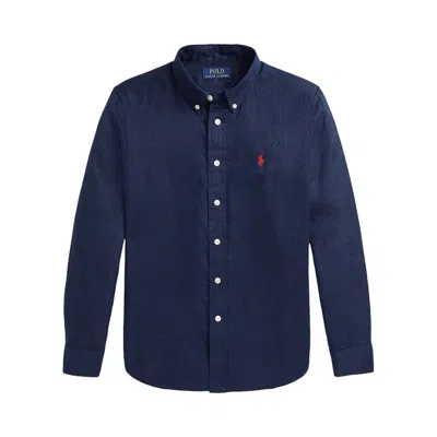 Pre-owned Polo Ralph Lauren Solid Long Sleeve Linen Sport Shirt 'newport Navy' | Blue | Kid's Size L