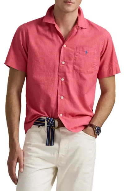 Polo Ralph Lauren Solid Red Linen & Cotton Camp Shirt In Pale Red