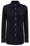 Polo Ralph Lauren Navy Blue Long Sleeve Velvet Ribbed Shirt With Classic Collar In Blue