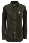 Polo Ralph Lauren Olive Long-sleeve Velvet Ribbed Shirt With Classic Collar In Green