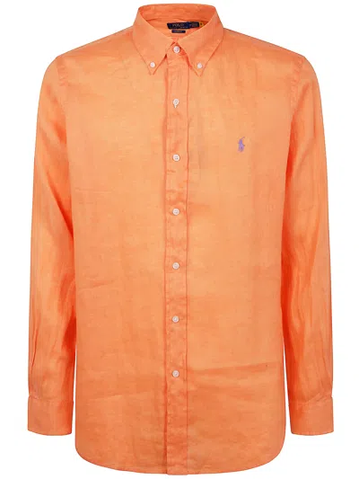 Polo Ralph Lauren Linen Shirt With Button-down Collar And Curved Hem In Pink