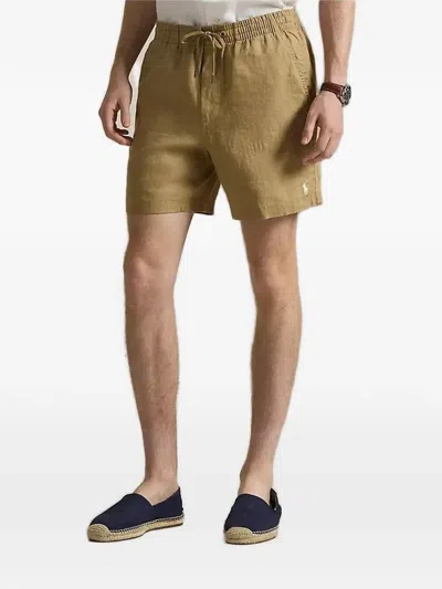Polo Ralph Lauren Mens Cafe Tan Logo-embroidered Linen Shorts Xxl In Brown