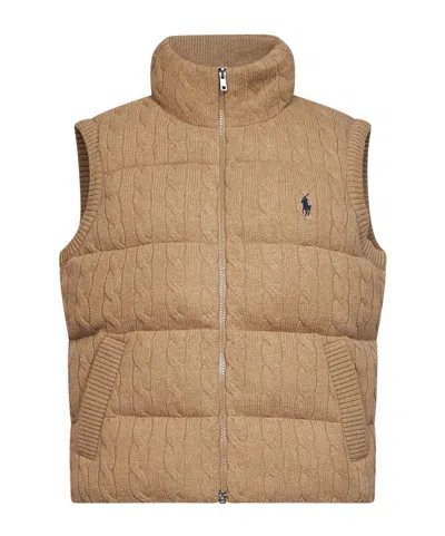 Polo Ralph Lauren Camel Cable Knit Wool And Cashmere Padded Vest In Brown