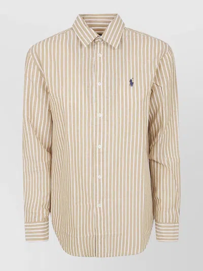 Polo Ralph Lauren Straight Fit Hip Length Striped Cotton Linen Shirt In Neutral