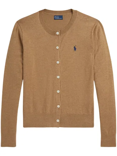 Polo Ralph Lauren Stretch Cotton-blend Crewneck Cardigan In Beige