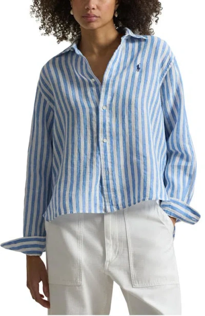 Polo Ralph Lauren Womens 1993 White Blue Multi Wide Cropped Striped-print Linen Shirt