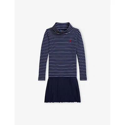 Polo Ralph Lauren Kids' Find Navy Stripe Long-sleeve Cotton-knit Dress 4-6 In Blue