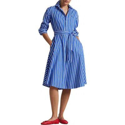 Polo Ralph Lauren Stripe Long Sleeve Cotton Shirtdress In Blue/white