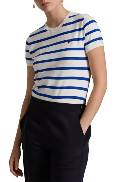 Polo Ralph Lauren Stripe Short Sleeve Cotton Blend Sweater In Blue Saturn/white