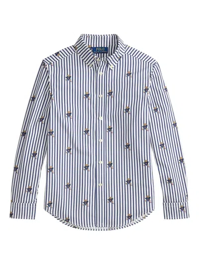 Polo Ralph Lauren Kids' Striped Bear-motif Shirt In Gray