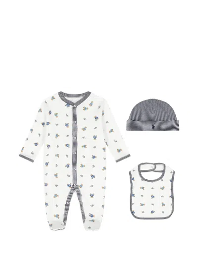 Polo Ralph Lauren Striped Bear-print Babygrow Set In White