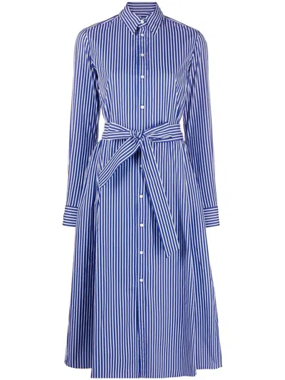 Polo Ralph Lauren Belted Striped Cotton-poplin Midi Shirt Dress In Blue