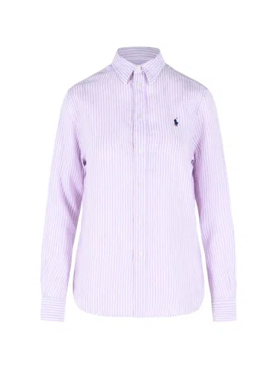 Polo Ralph Lauren Long Sleeve Linen Button Down 1936 Light Mauve White In Purple