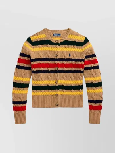 POLO RALPH LAUREN STRIPED CABLE KNIT CARDIGAN WITH RIBBED CUFFS AND HEM