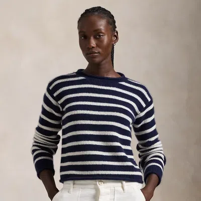 Polo Ralph Lauren Striped Cashmere Rollneck Sweater In Hunter Navy/cream