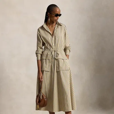 Polo Ralph Lauren Striped Cotton Canvas Utility Shirtdress In Tan Royal Multi In Green