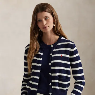 Polo Ralph Lauren Striped Cotton Crewneck Cardigan In Navy/white Multi