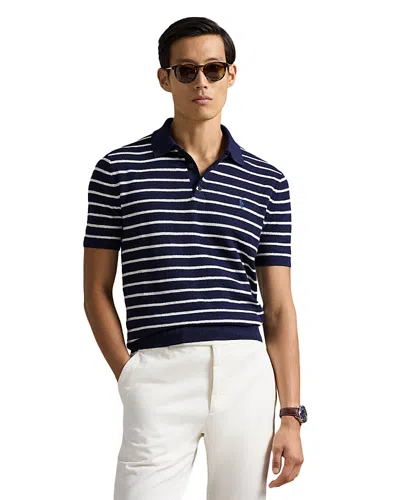 Polo Ralph Lauren Striped Cotton Linen Polo Collar Sweater In Blue