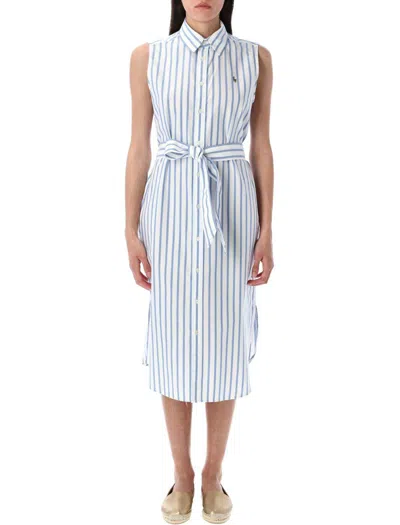 Polo Ralph Lauren Striped Cotton Oxford Belted Shirtdress In White Lake Blue Stripe