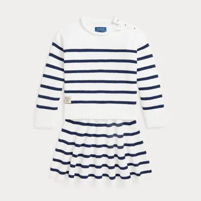 Polo Ralph Lauren Kids' Striped Cotton Sweater And Skirt Set In White/newport Navy