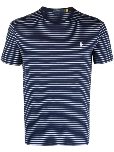 Polo Ralph Lauren Mens French Navy White Pima Logo-embroidered Striped Cotton-jersey T-shirt In Blue