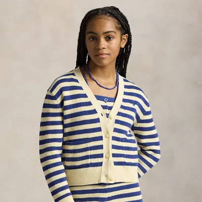Polo Ralph Lauren Kids' Striped Cotton V-neck Cardigan In Cream W/charter Blue