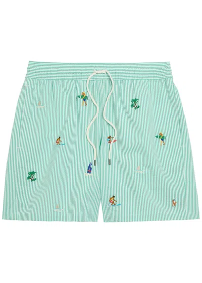Polo Ralph Lauren Striped Embroidered Seersucker Swim Shorts In Blue