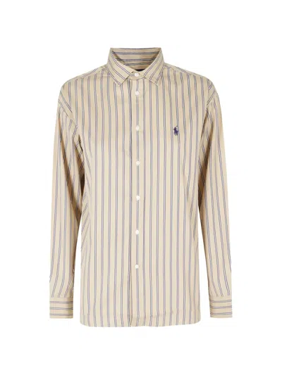 Polo Ralph Lauren Striped Embroidered-logo Shirt In Neutral