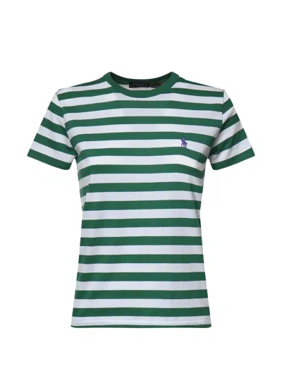 Polo Ralph Lauren Striped Embroidered-logo T-shirt In Green